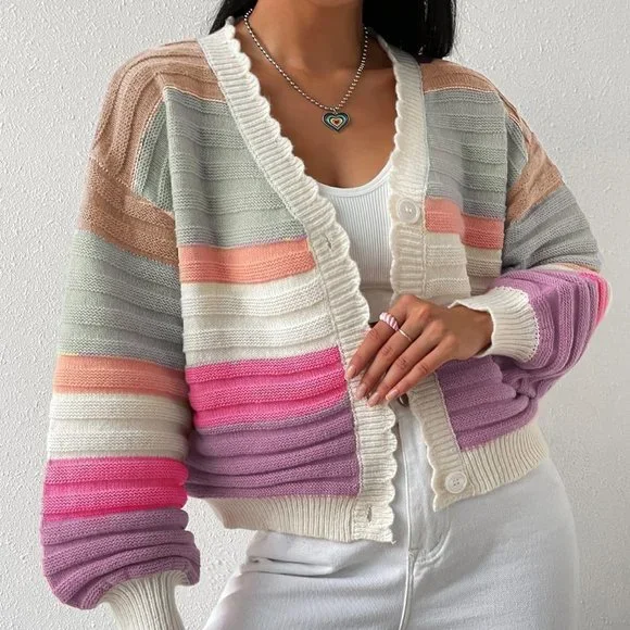 Multicolor Casual Womens Colorblock Scallop Trim Drop Shoulder Cardigan - Picture 5 of 5